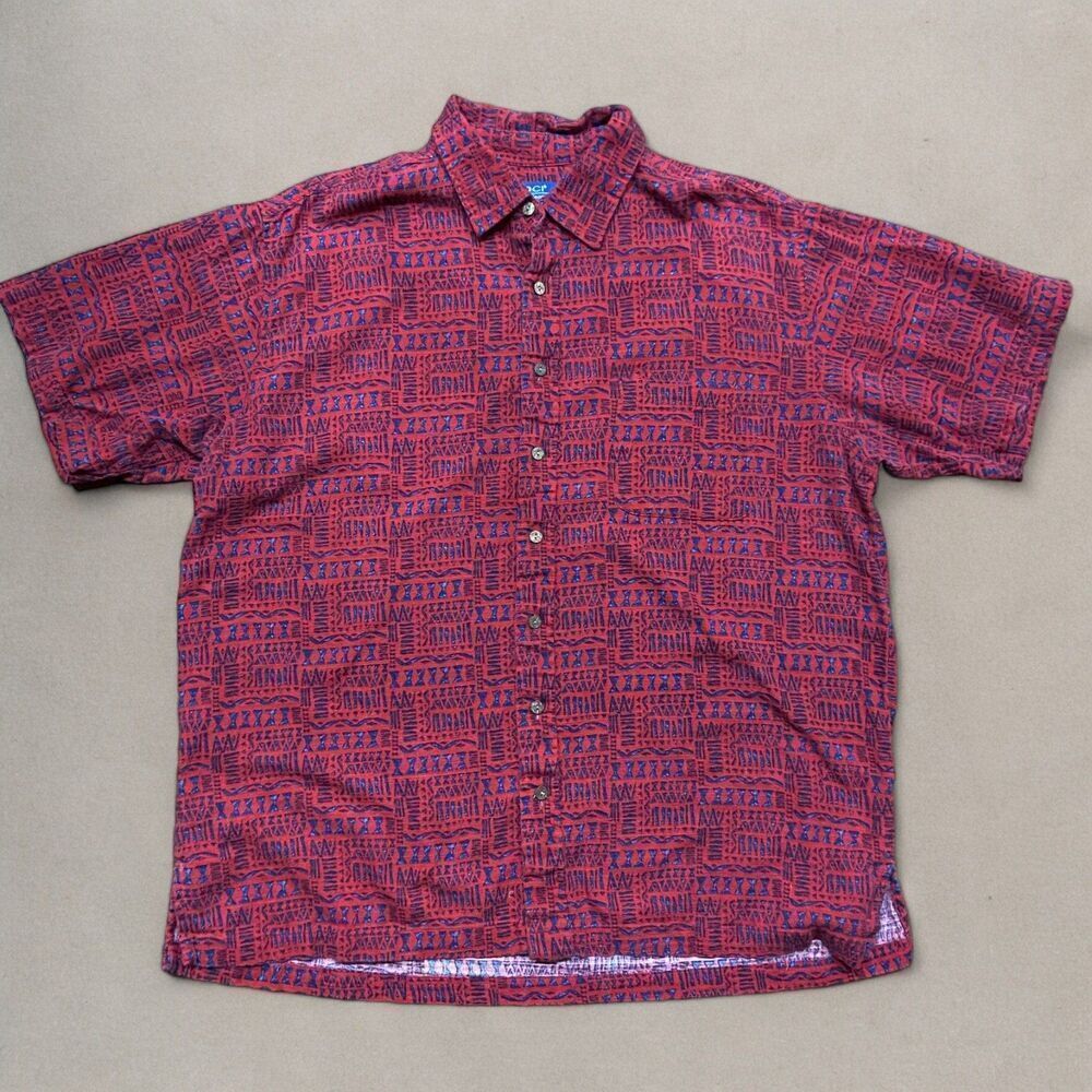 Old College Inn Vintage AOP Tribal Print Red Navy Button Front Casual Shirt XL